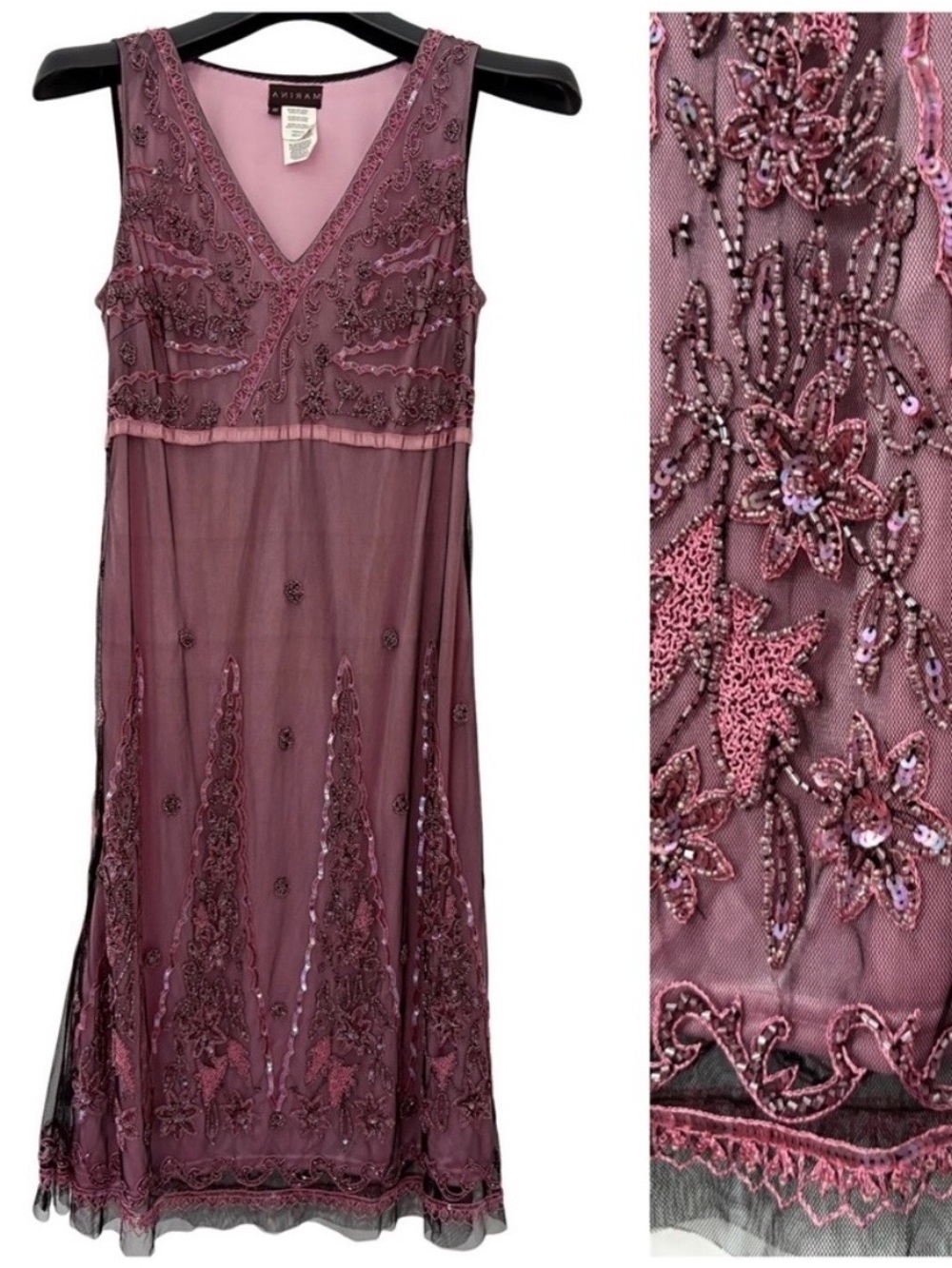 MARINA NWT Beaded & Sequined rose, black, carnation 1920's-Style Dress Size 10